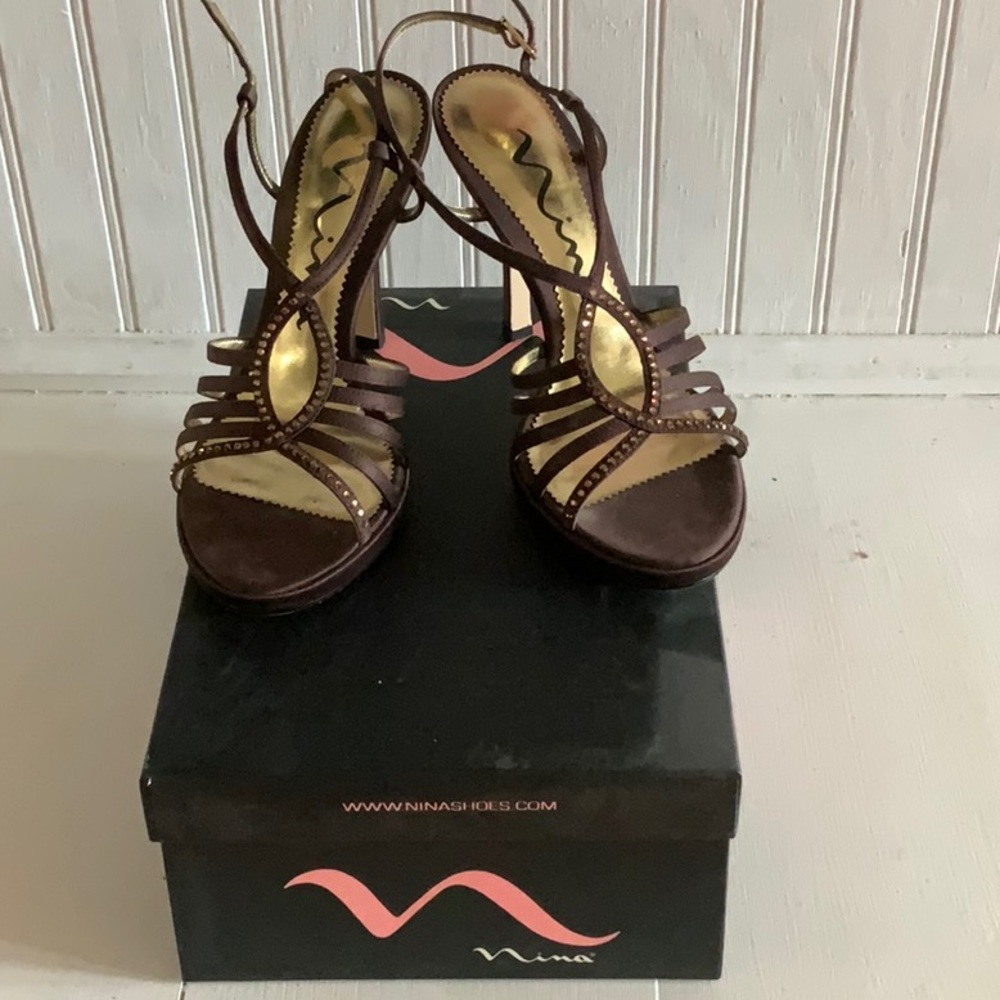 EUC Chocolate Satin Heels w/Bling - Picture 2 of 7